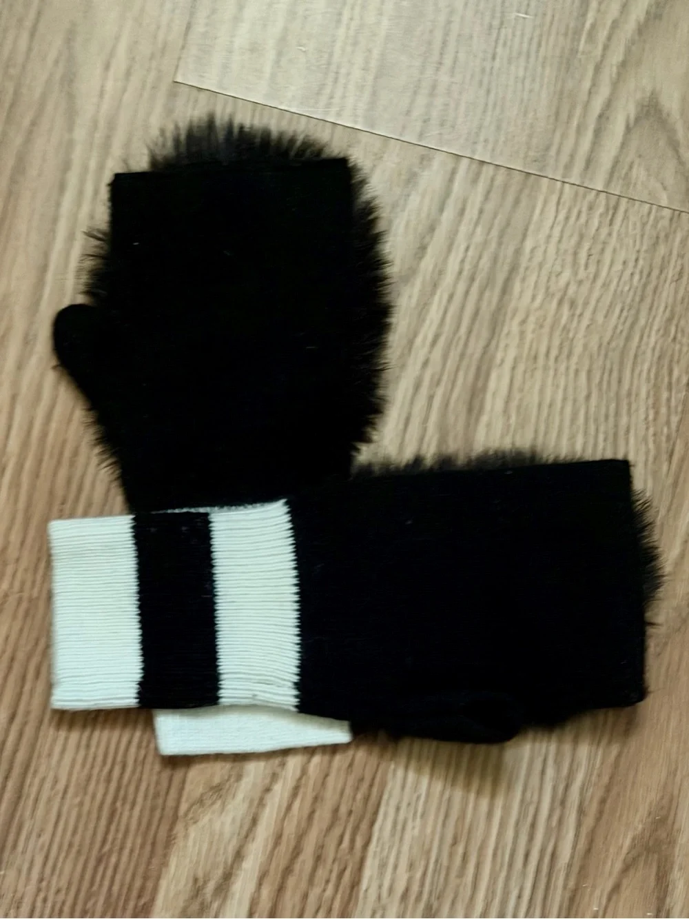 Black Faux Fur Fingerless Mittens with Cream & Black Striped Cuffs